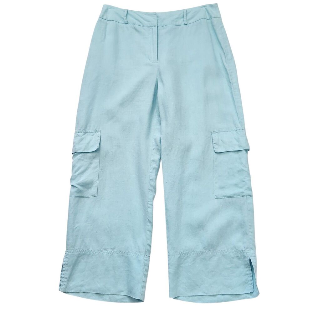Willi Smith 100% Linen Cargo Pants 8 Aqua Blue Hi-Rise Coastal Quiet Luxury Gorp